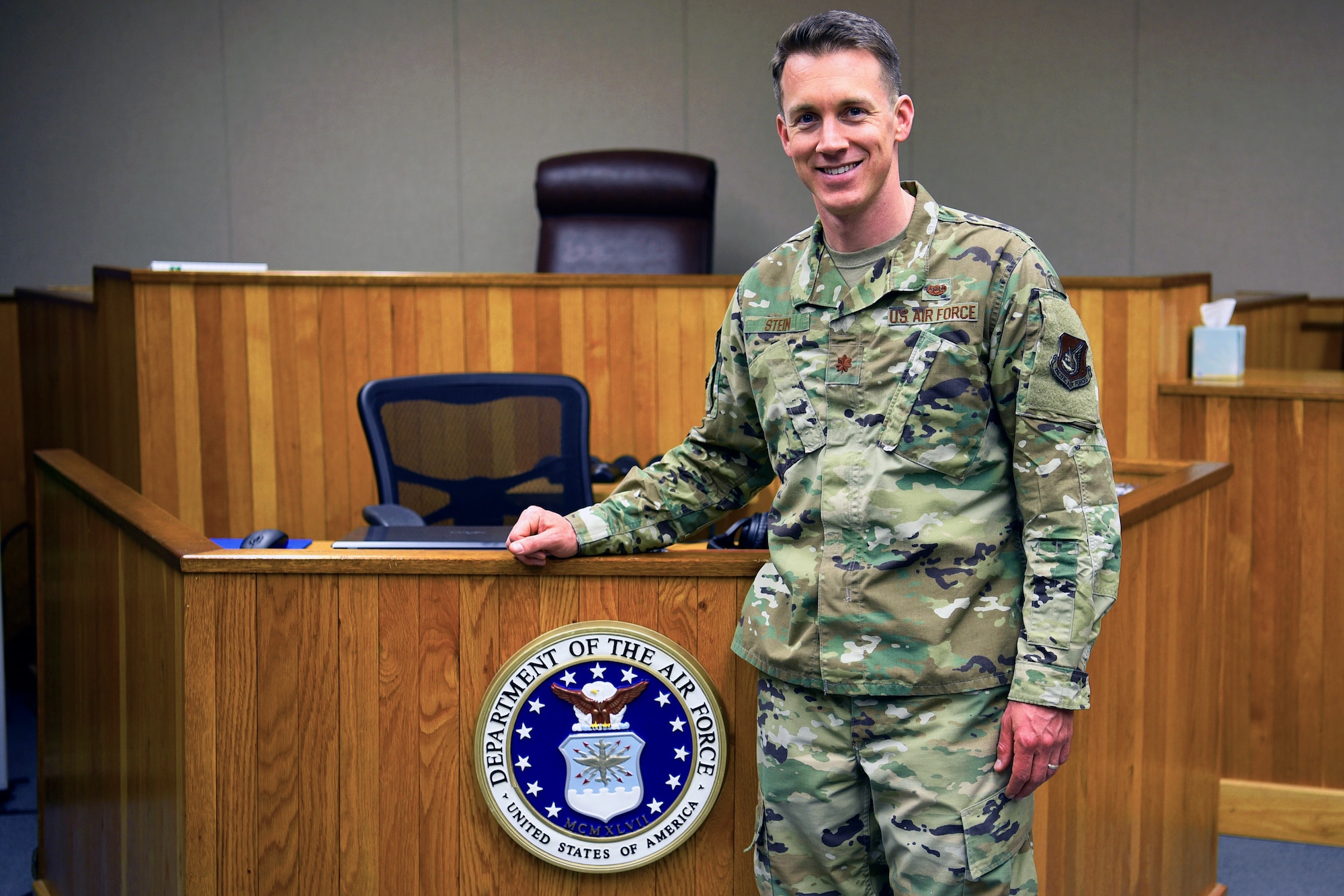 U.S. Air Force Maj. Christopher Stein, 8th Fighter Wing staff judge advocate, poses for a photo at Kunsan Air Base, Republic of Korea, May 22, 2019. Stein was awarded the Outstanding Young Military Lawyer Award for his exceptional leadership, service to the community, and development of subordinates. (U.S. Air Force photo by Tech. Sgt. Joshua P. Arends)