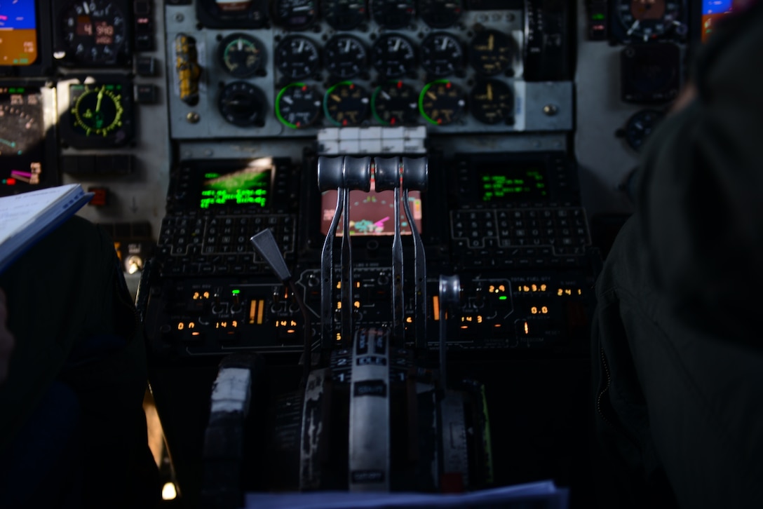 The cockpit of a 909th Air Refueling Squadron KC-135R Stratotanker before flight during Northern Edge, May 16, 2019, at Eielson Air Force Base, Alaska.