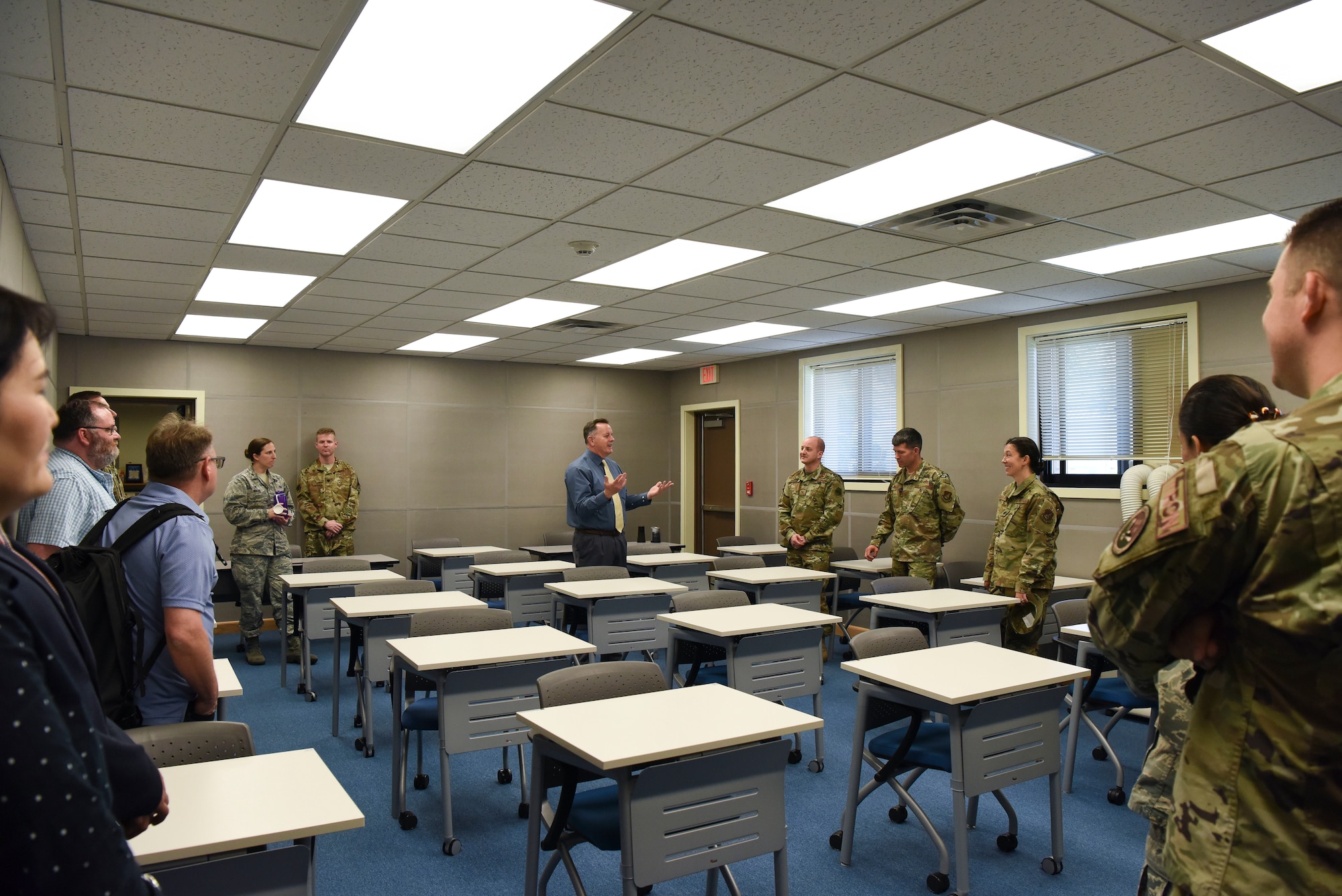 The 8th Fighter Wing leadership toured the newly renovated education center at Kunsan Air Base, Republic of Korea, May 22, 2019. All professional military education testing has been centralized to one location by creating a second testing room, expanding testing capabilities by 33 percent. (U.S. Air Force photo by Senior Airman Savannah L. Waters)