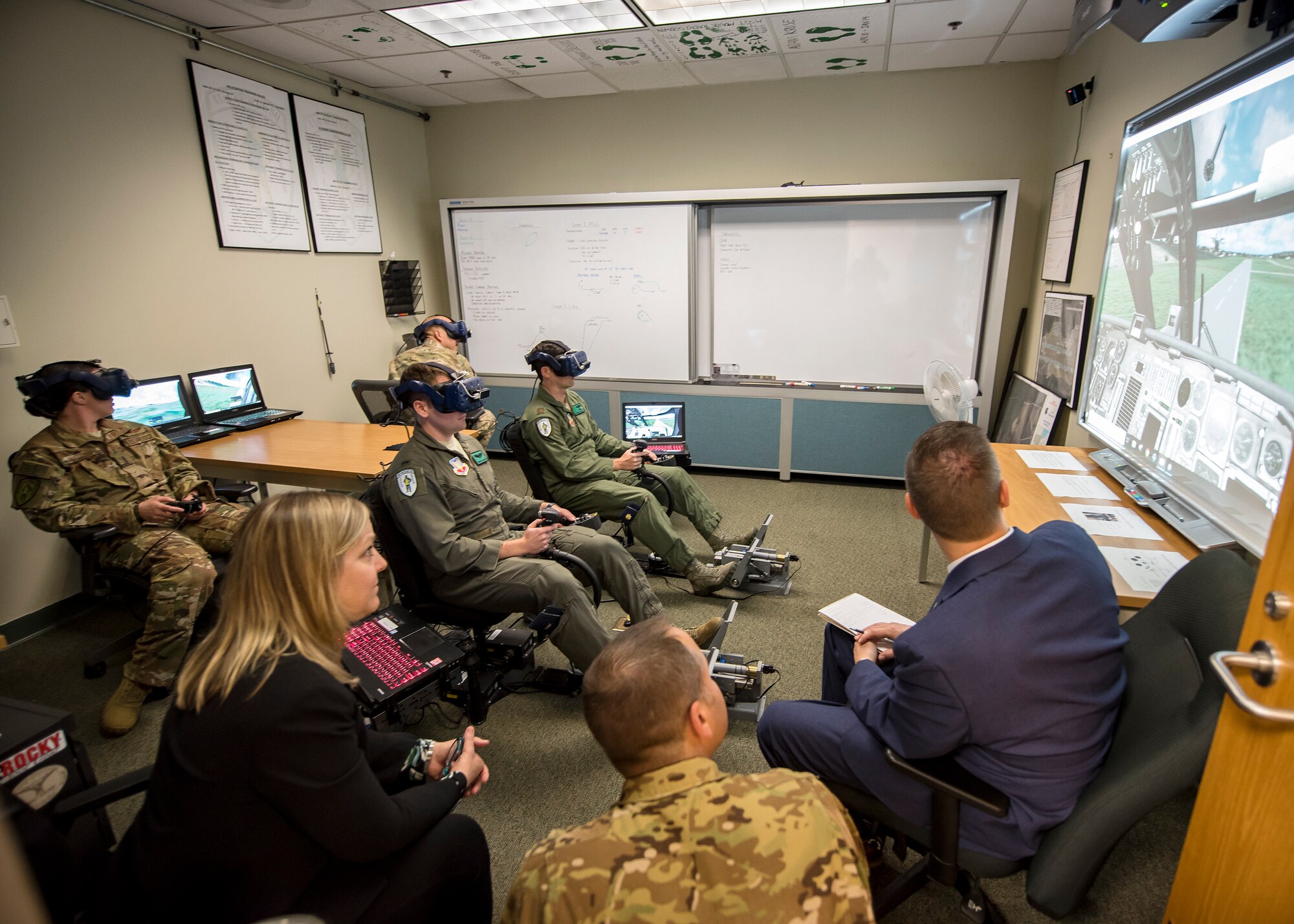 Pilots and Special Mission Aviators from the 41st Rescue Squadron (RQS), demonstrate their virtual reality flight simulator, May 16, 2019, at Moody Air Force Base, Ga. Dr. John Matyjas and Dr. Donna Joyce visited the 41st RQS to tour and assess their Virtual Reality flight simulator along with taking a fam flight on an HH-60G Pave Hawk. The visit is a part of an Air Force assessment of the possible implementation of VR in training. The 41st RQS VR flight simulator is an initiative that was selected at the Moody Air Force Base 2018 Spark Tank competition. (U.S. Air Force photo by Airman 1st Class Eugene Oliver)