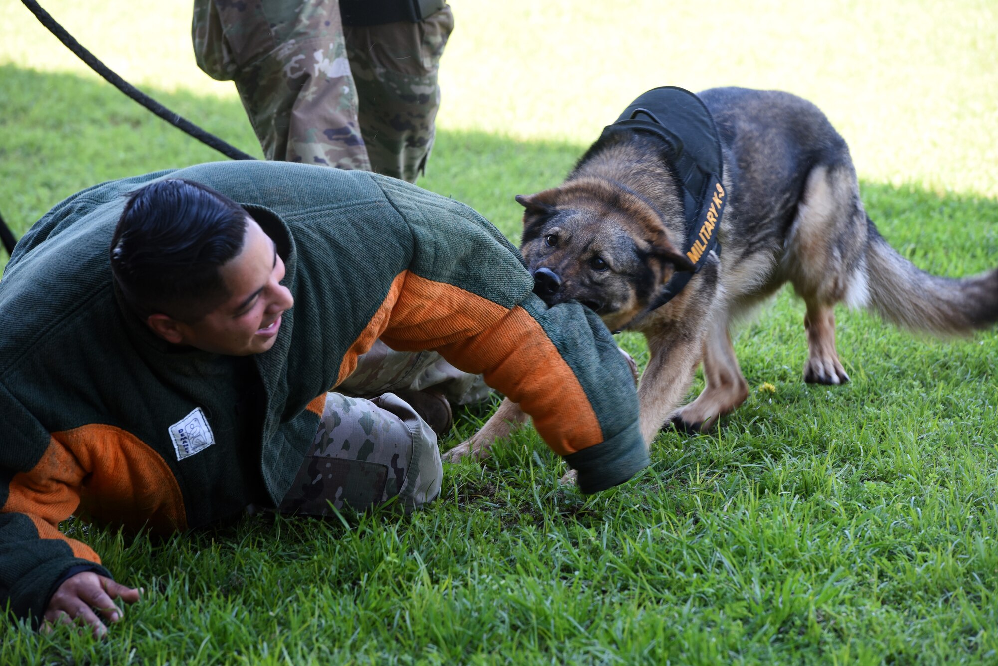 Military Working Dog Nika attacks Staff Sgt. Desi Padilla during a training demonstration at the Tinker Main Exchange May 13. Their six-phase aggression session shows the public how the dogs respond to compliant and non-compliant people with and without commands depending on the severity of the situation. (U.S. Air Force photo/Kelly White)