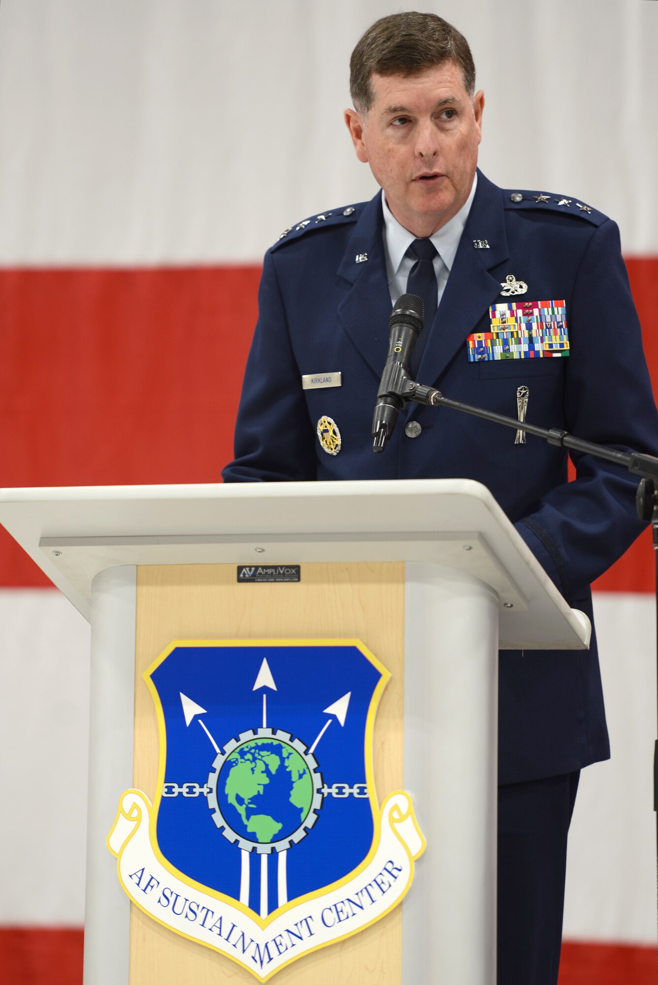 Air Force Materiel Command Commander Gen. Ellen M. Pawlikowski was the presiding official for the Air Force Sustainment Center Change of Command in which Lt. Gen. Donald E. "Gene" Kirkland assumed command from Lt. Gen. Lee K. Levy II.