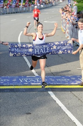 U.S. Marine Corps 1st Lt. Lindsay Carrick, 26, finished the 2019 Marine Corps Historic Half with purpose and pride as the first female finisher in a time of 1:25:02.