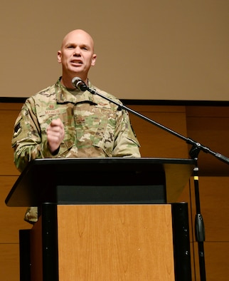 U.S. Air Force Col. Michael Manion, 55th Wing commander, gives opening remarks during the Empowering Tomorrow’s Leaders conference May 14, 2019, at the Salvation Army Kroc Center Omaha, Nebraska. The conference was held to help future leaders learn various ways to step up and take charge of the day-to-day business in their workplaces.