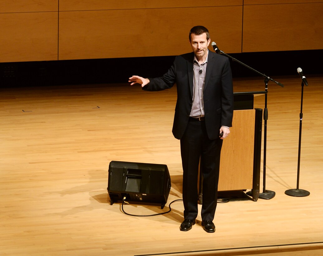 Jason Lauritsen, author and motivational speaker, talks to attendees of the Empowering Tomorrow’s Leaders conference about the importance of togetherness at the Salvation Army Kroc Center Omaha, Nebraska, May 14, 2019,. Lauritsen believes things are coming to us more rapidly and organizations can only be successful through team effort.