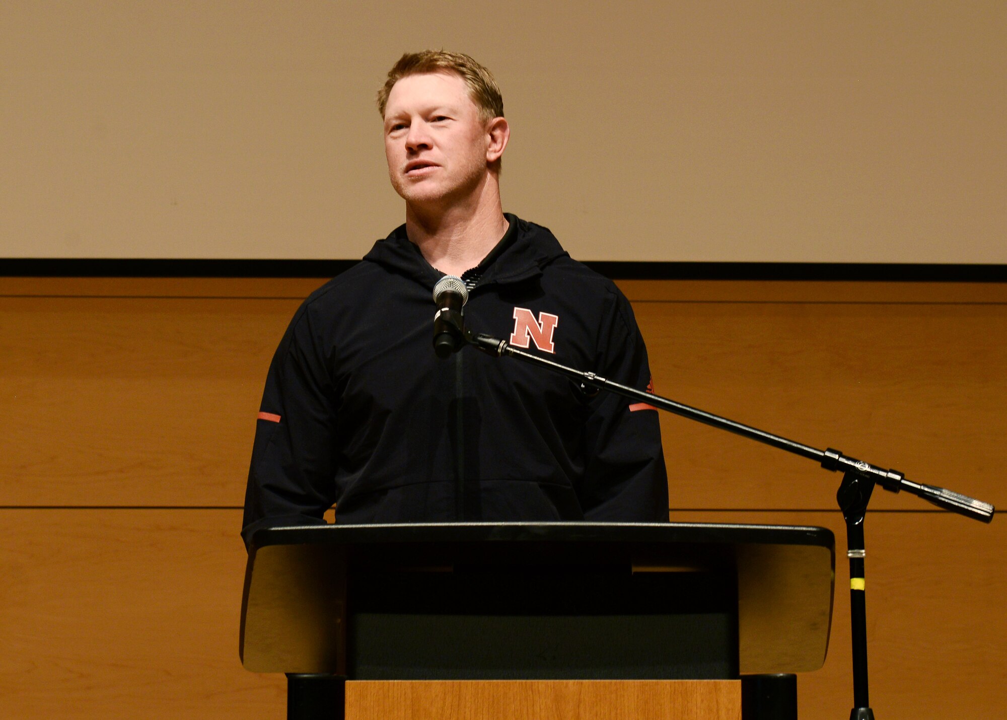 Scott Frost, University of Nebraska-Lincoln head football coach, speaks about the importance of sacrificing for others during the Empowering Tomorrow’s Leaders conference May 14, 2019, at the Salvation Army Kroc Center Omaha, Nebraska. Frost emphasizes the need to develop a servant’s attitude in order to help establish better team efforts on and off the field.