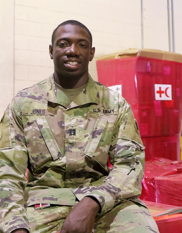 Capt. Karl Jones, 184th Sustainment Command, helps to move medical supplies where they are needed at Camp Arifjan, Kuwait, May 16, 2019.