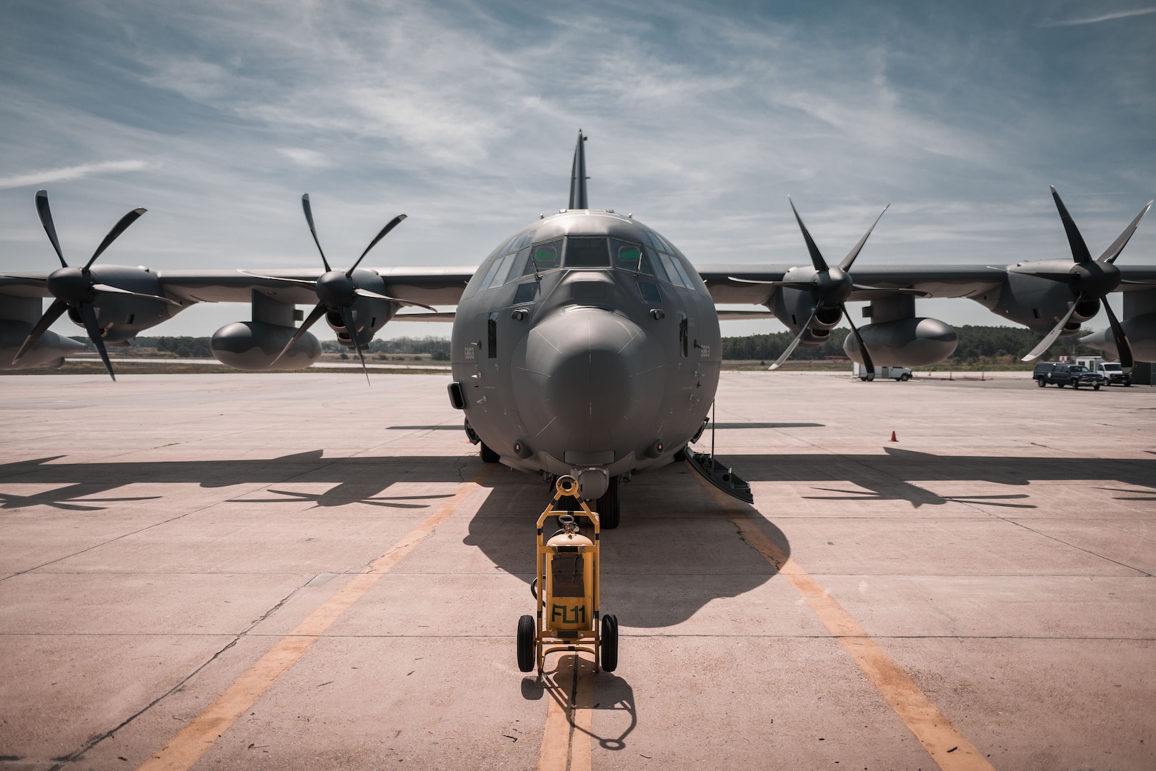 A HC-130J Combat King II sits on display at the 106th Rescue Wing, New York Air National Guard, during a ceremony at Francis S. Gabreski Air National Guard Base, Westhampton Beach, N.Y., May 17, 2019. The 106th presented the rescue aircraft during a ceremony, the first of four brand new such models from Lockheed Martin, the first time in the 106th's 72 year history that is has received aircraft new from the manufacturer and will be flown by the wing's 102nd Rescue Squadron, the oldest unit in the Air National Guard.