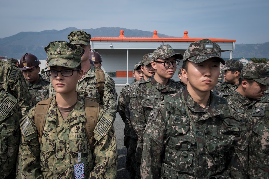 U.S. and South Korean sailors in camouflage uniforms stand in formation.