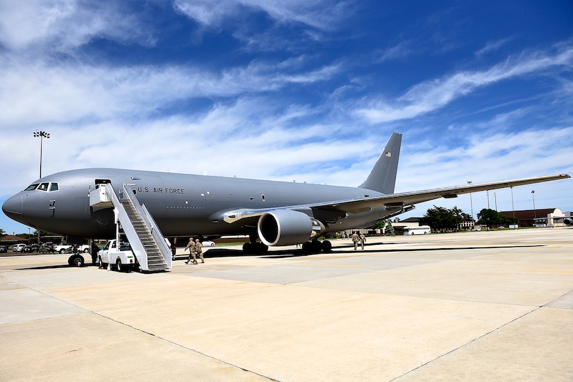 A KC-46 Pegasus arrives on the flight line at Joint Base McGuire-Dix-Lakehurst, New Jersey, May 21, 2019. The aircraft was visiting from the 22nd Air Refueling Wing, McConnell Air Force Base, Kansas, to give members of the Joint Base a preview of what they will be receiving in 2021.