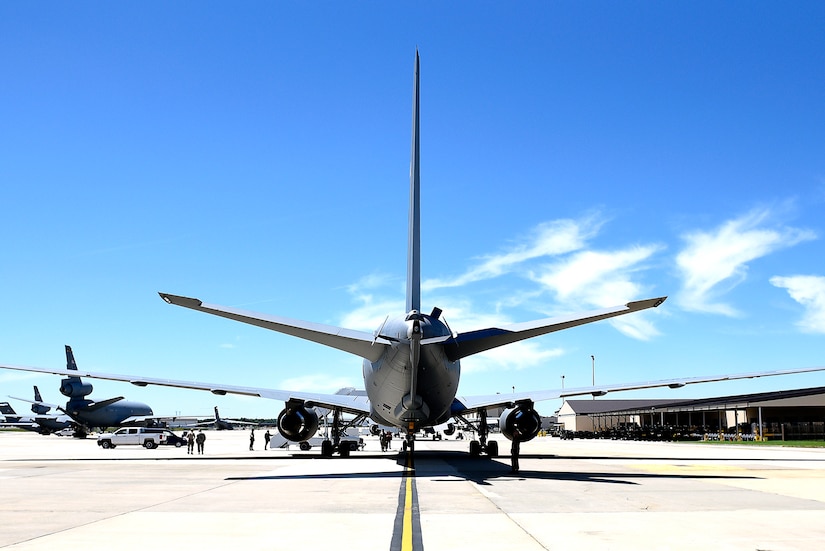 A KC-46 Pegasus arrives on the flight line at Joint Base McGuire-Dix-Lakehurst, New Jersey, May 21, 2019. The aircraft was visiting from the 22nd Air Refueling Wing, McConnell Air Force Base, Kansas, to give members of the Joint Base a preview of what they will be receiving in 2021.