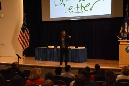 Dr. Steve Robbins, an author and inspirational speaker, speaks to the audience of Naval Surface Warfare Center, Carderock Division’s Leadership in a Diverse Environment event on May 16, 2019, about natural biases and how to think through them and be inclusive. The LDE event, held May 15-16, was the second one at Carderock. (U.S. Navy photo by Kelley Stirling/Released)