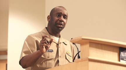 Capt. Cedric McNeal, commanding officer for Naval Surface Warfare Center, Carderock Division, gives closing remarks for the Leadership in a Diverse Environment event on May 16, 2019, at Carderock’s West Bethesda, Md., headquarters. (U.S. Navy photo by Nicholas Brezzell/Released)