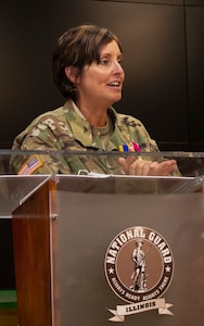 Sgt. Maj. Sharon Hultquist of Delavan, Illinois, addresses the crowd during her retirement ceremony May 17 at the Illinois Military Academy, Camp Lincoln, Springfield, Illinois. Hultquist retires May 31 after more than 30 years serving in the military. During the ceremony, she was presented with the Legion of Merit and the Illinois Distinguished Service Medal. (U.S. Army photo by Barbara Wilson, Illinois National Guard Public Affairs Office)