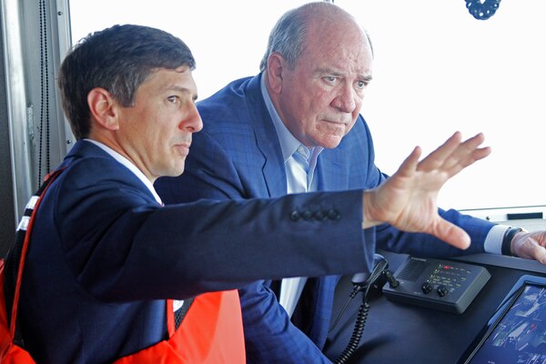 Keith Lockwood (right), Norfolk District operations branch chief, briefs the Honorable R.D. James, assistant secretary of the Army for civil works, about various Norfolk District projects located along the Elizabeth River here, May 9, 2019. (U.S. Army Photo by Vince Little)