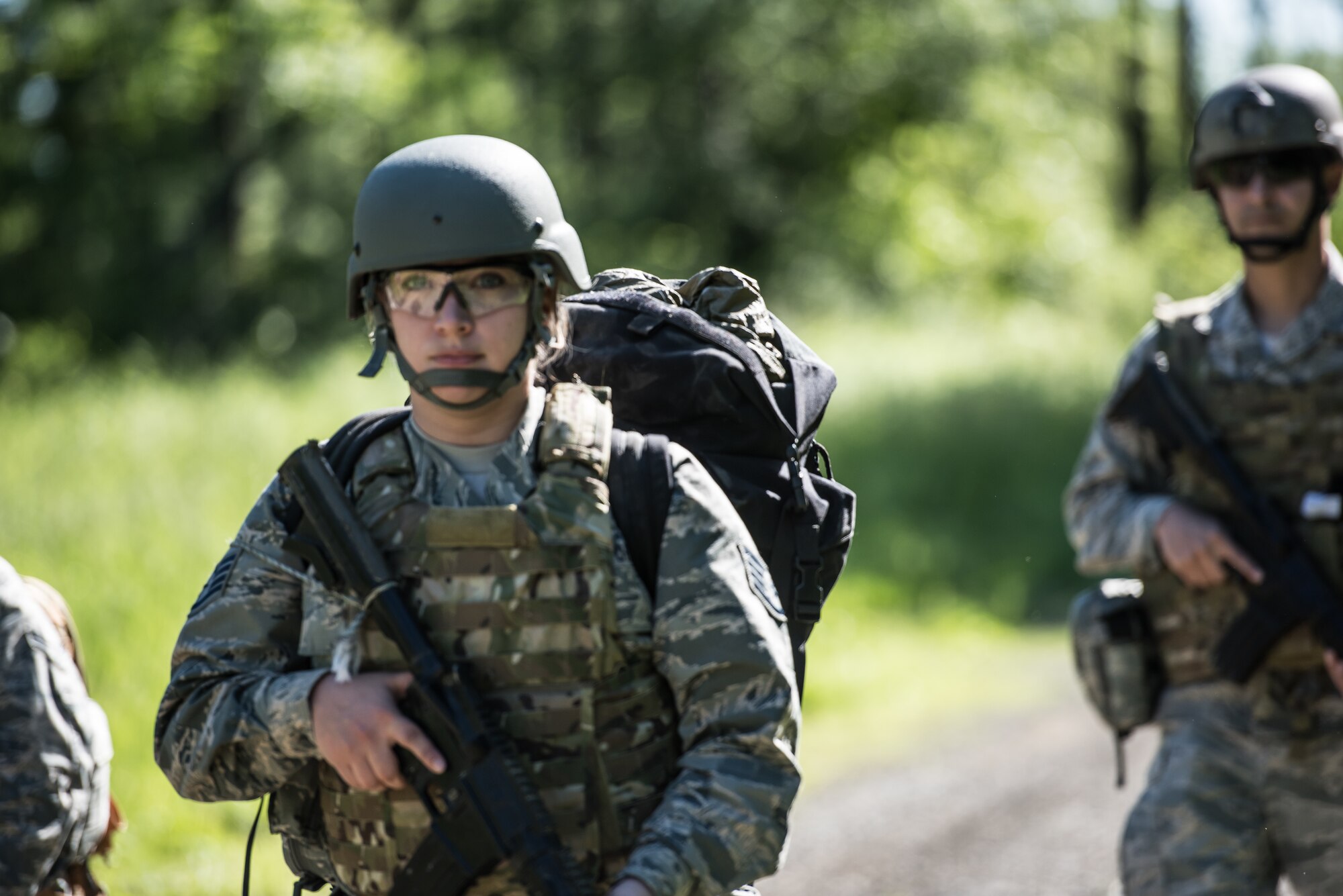 U.S. Airmen from the 193rd Special Operations Medical Group Detachment 1, Pennsylvania Air National Guard, perform a patrol during Tactical Combat Casualty Care training.