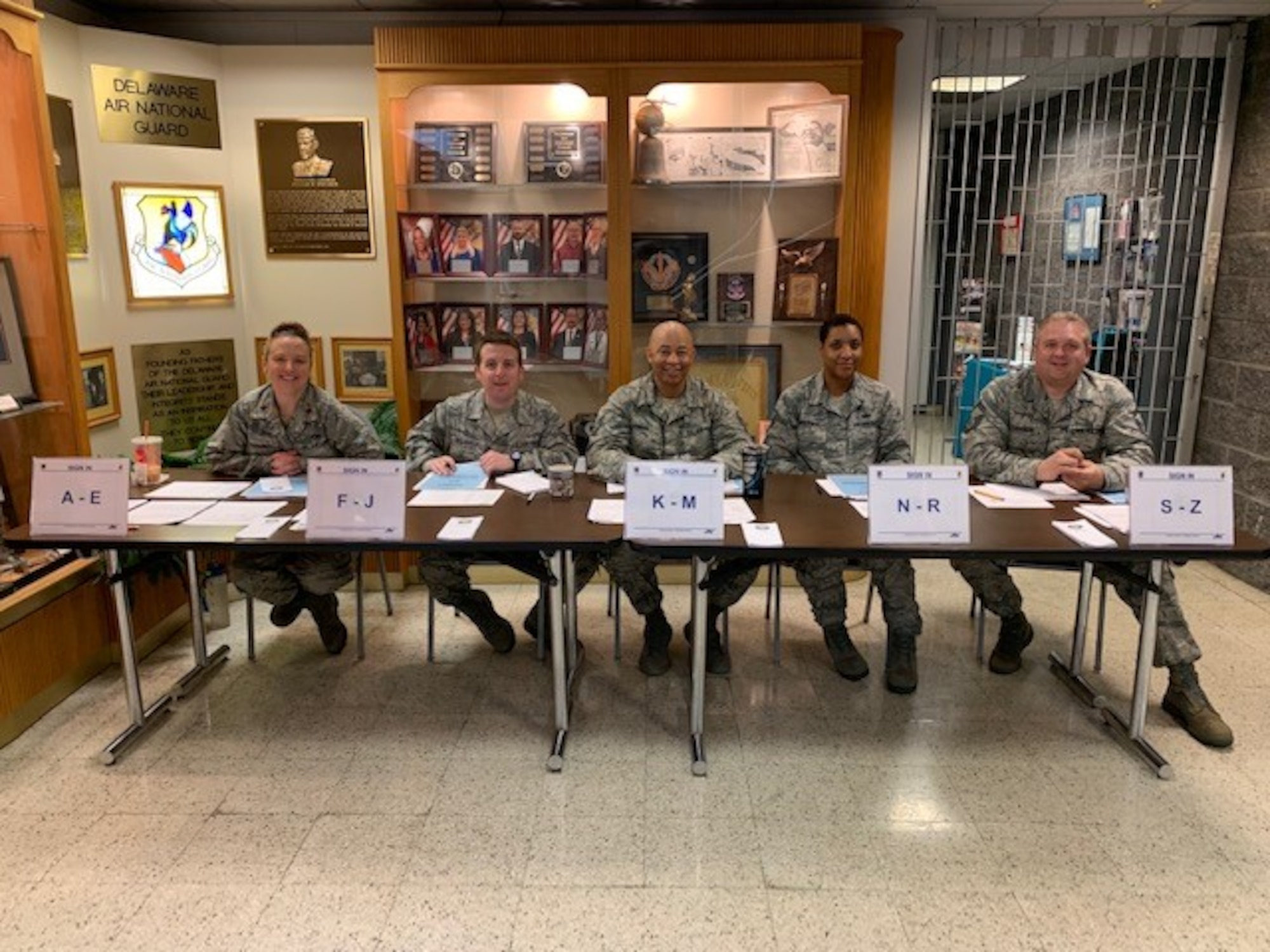 Members of the 166th Force Support Squadron assist more than 65 Air Force Individual Ready Reserve members reporting to an IRR muster May 18, 2019, at the 166th Airlift Wing, Del. The muster provided opportunities for IRR Airmen to update their personnel and medical information with the Air Reserve Personnel Center and learn the latest information on available benefits. (Courtesy photo)