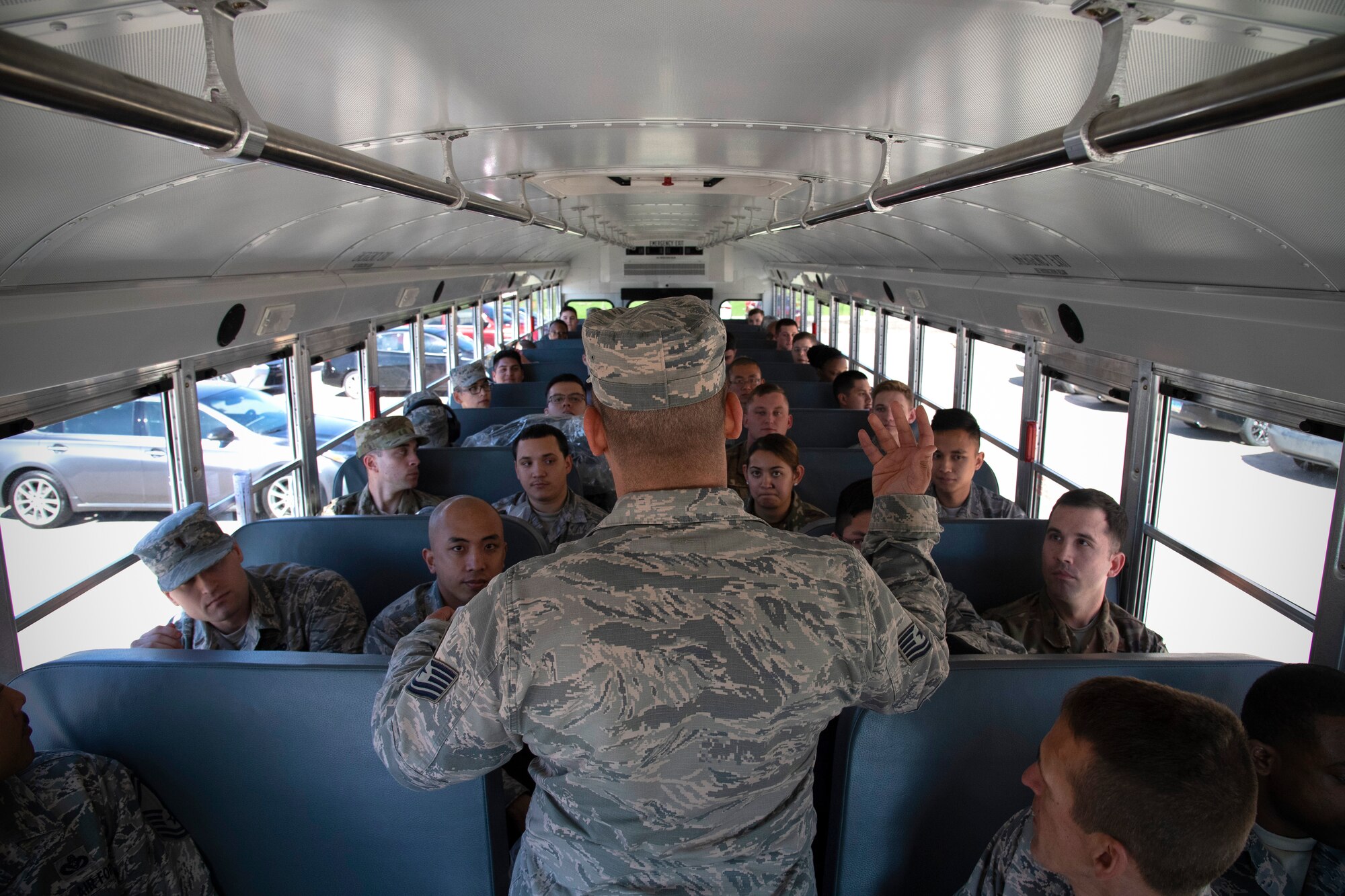 Tech. Sgt. Marcus Ayala, 319th Comptroller Squadron quality assurance manager, takes attendance of airmen participating in an off-base exercise May 20, 2019, on Grand Forks Air Force Base, North Dakota. The 4-day Summer Viking 19-01 exercise took place at a nearby Air National Guard Base in Fargo, N.D., and placed participants in a simulated contested environment to practice increased readiness. (U.S. Air Force photo by Senior Airman Elora J. Martinez)