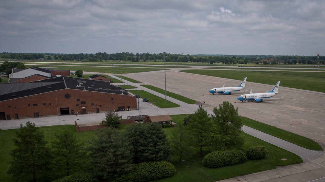Two 932nd Airlift Wing C-40C aircrafts sit ready to support the executive airlift mission  May 15, 2019, Scott Air Force Base, Illinois. The 932nd AW is the only Air Force Reserve Wing flying the C-40C in support of global transport for distinguished visitors. (U.S. Air Force photo by Christopher Parr)