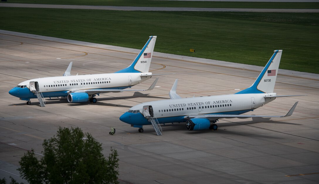 Two 932nd Airlift Wing C-40C aircrafts sit ready to support the executive airlift mission  May 15, 2019, Scott Air Force Base, Illinois. The 932nd AW is the only Air Force Reserve Wing flying the C-40C in support of global transport for distinguished visitors. (U.S. Air Force photo by Christopher Parr)