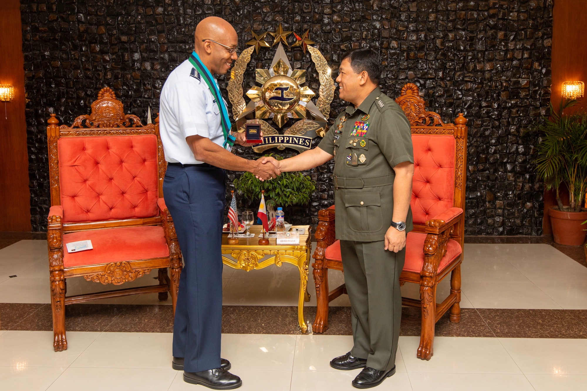 Gen. CQ Brown, Jr., Pacific Air Forces commander, meets with Gen. Benjamin Madrigal, Jr., chief of staff of the Armed Forces of the Philippines  May 16, 2019, at Camp General Emilio Aguinaldo. As part of a three-day visit to the country, Brown met with senior officials from the Armed Forces of the Philippines (AFP) and the Philippine Air Force (PAF) to demonstrate the United States’ shared commitment to peace and security in the region, as well as seek opportunities to enhance interoperability and capability with the PAF.
