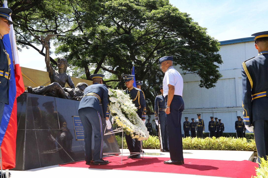 Gen. CQ Brown, Jr., Pacific Air Forces commander, participates in an honor guard and wreath-laying ceremony at the Monument of the Fallen Airmen at the Philippines Air Force (PAF) headquarters on Villamor Air Base, Philippines, May 16, 2019.  Brown met with PAF Commanding General Lt. Gen. Rozzano Briguez as well as other key leaders during his-three day visit to showcase U.S. commitment to the long-standing alliance and discuss opportunities to enhance interoperability and capability between the two air forces.