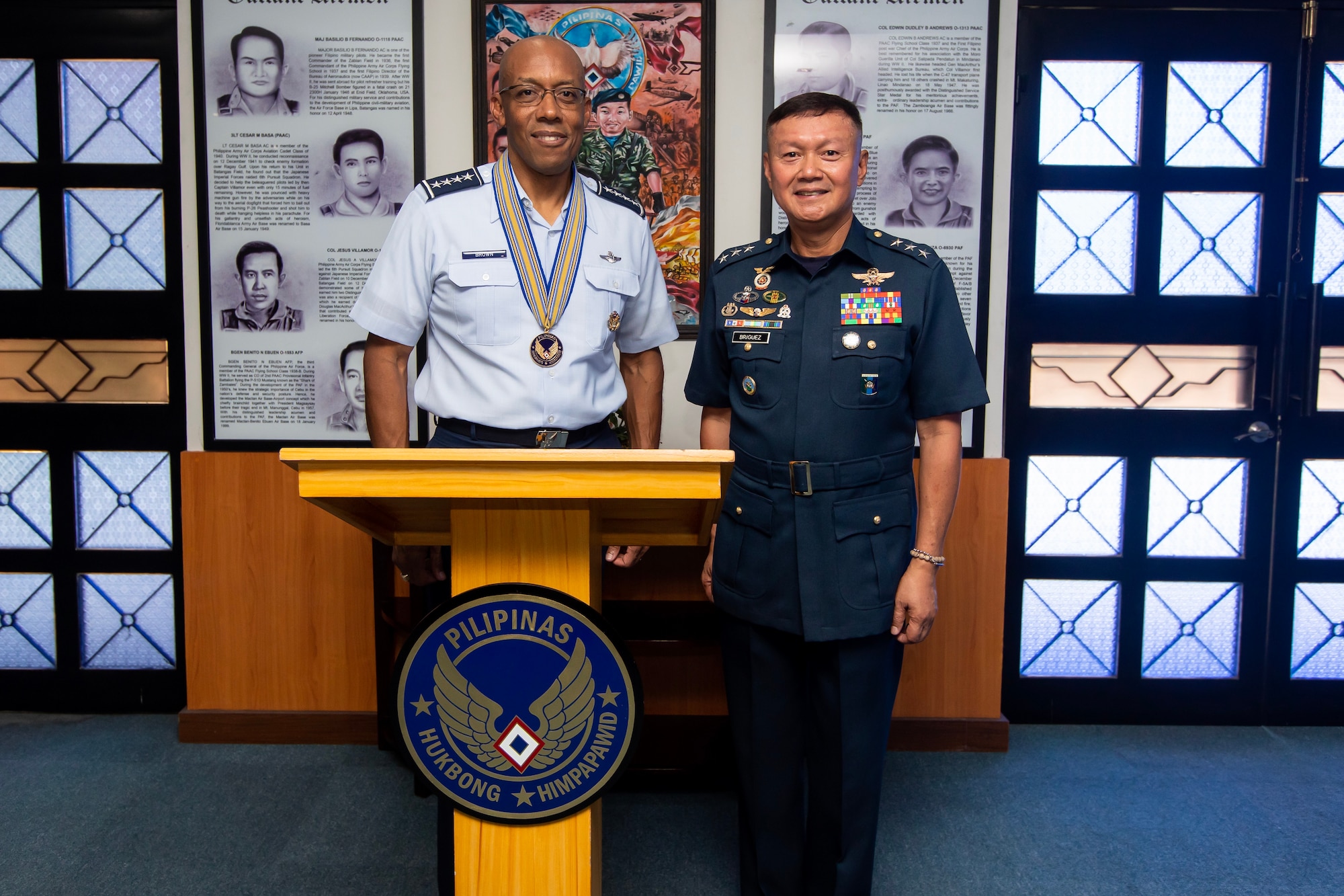 Gen. CQ Brown, Jr., Pacific Air Forces commander, meets with Philippines Air Force Commanding General Lt. Gen. Rozzano Briguez May 16 at Villamor Air Base as part of a three-day visit to the country. Brown, along with Chief Master Sgt. Anthony Johnson, PACAF command chief, visited the country to demonstrate the United States’ shared commitment to peace and security in the region, as well as seek opportunities to enhance interoperability and capability with the PAF.