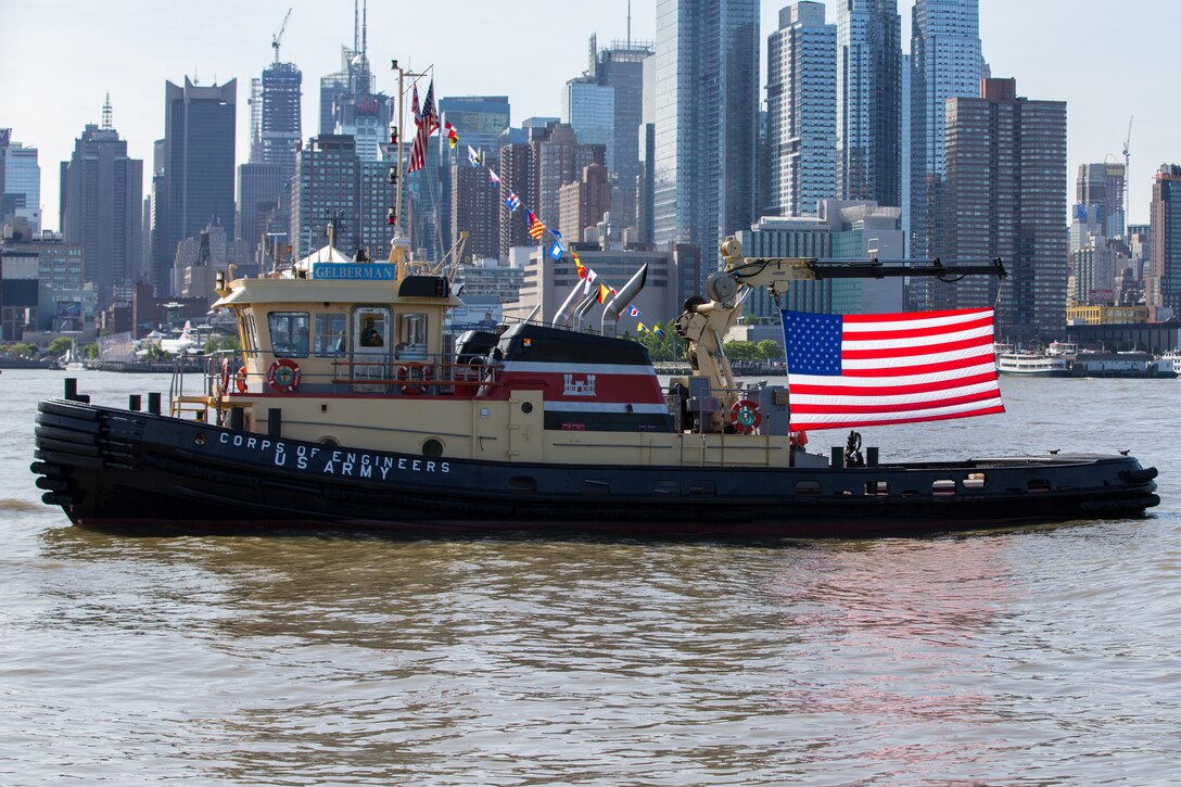 U.S. Army Corps of Engineers participates in the parade of ships as it arrives for Fleet Week New York, May 22, 2019. U.S. Marines, Sailors and Coast Guardsmen were in New York to interact with the public, demonstrate capabilities and teach the people of New York about America’s sea services. (U.S. Marine Corps photo by Lance Cpl. Damaris Arias)