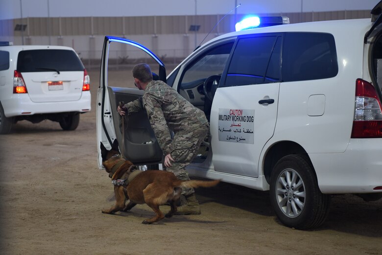 Military working dog handlers demonstrate the abilities of the K-9 unit during Police Week 2019, May 13, 2019, at Al Dhafra Air Base, United Arab Emirates.