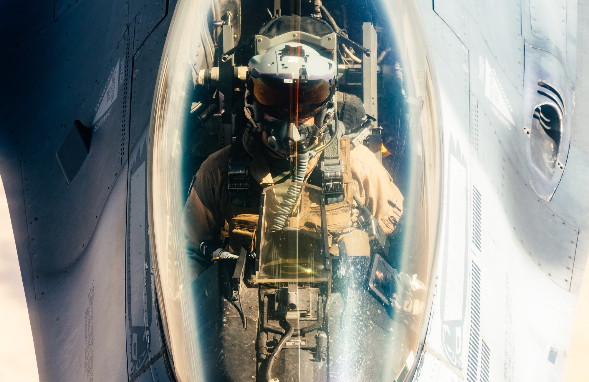 A U.S. Air Force F-16 Fighting Falcon approaches a 28th Expeditionary Aerial Refueling Squadron KC-135 Stratotanker for fuel in support of Operation Inherent Resolve, March 1, 2019. The 28th EARS empowers the fight against ISIS by providing mission extending aerial refueling services to U.S. and Coalition forces conducting operations in OIR's area of responsibility. (U.S. Air Force photo by Staff Sgt. Jordan Castelan)