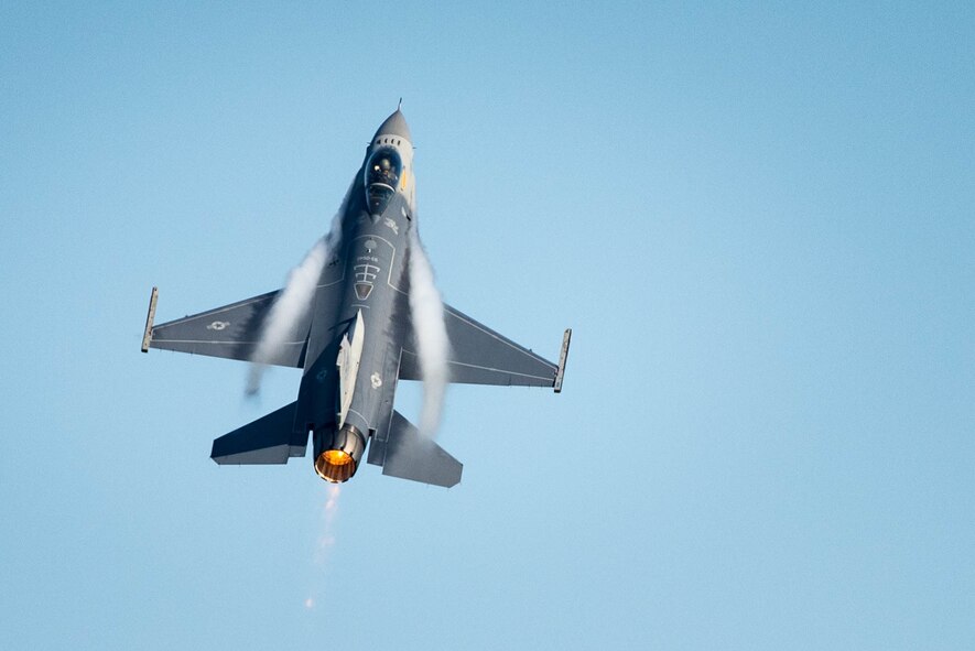 A pilot for the F-16 Viper Demonstration Team performs aerial maneuvers