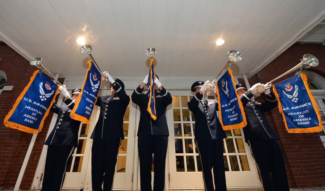 The Herald Trumpet ensemble from the USAF Heartland of America Band perform an arrival ceremony at Offutt Air Force Base, Nebraska.