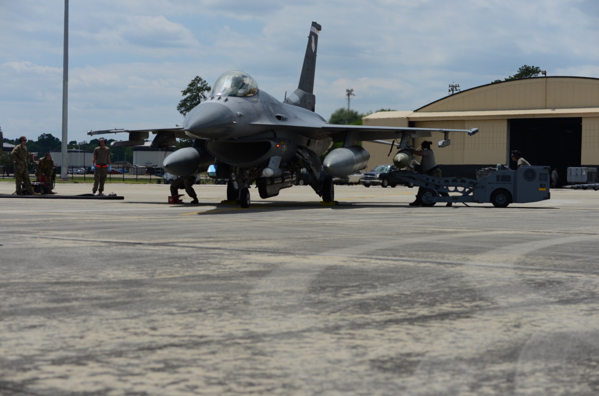 A load crew with the 20th Maintenance Group weapons standardization flight performed a Hot Integrated Combat Turnaround (HICT) for their first time at Shaw Air Force Base, S.C., May 15, 2019.
