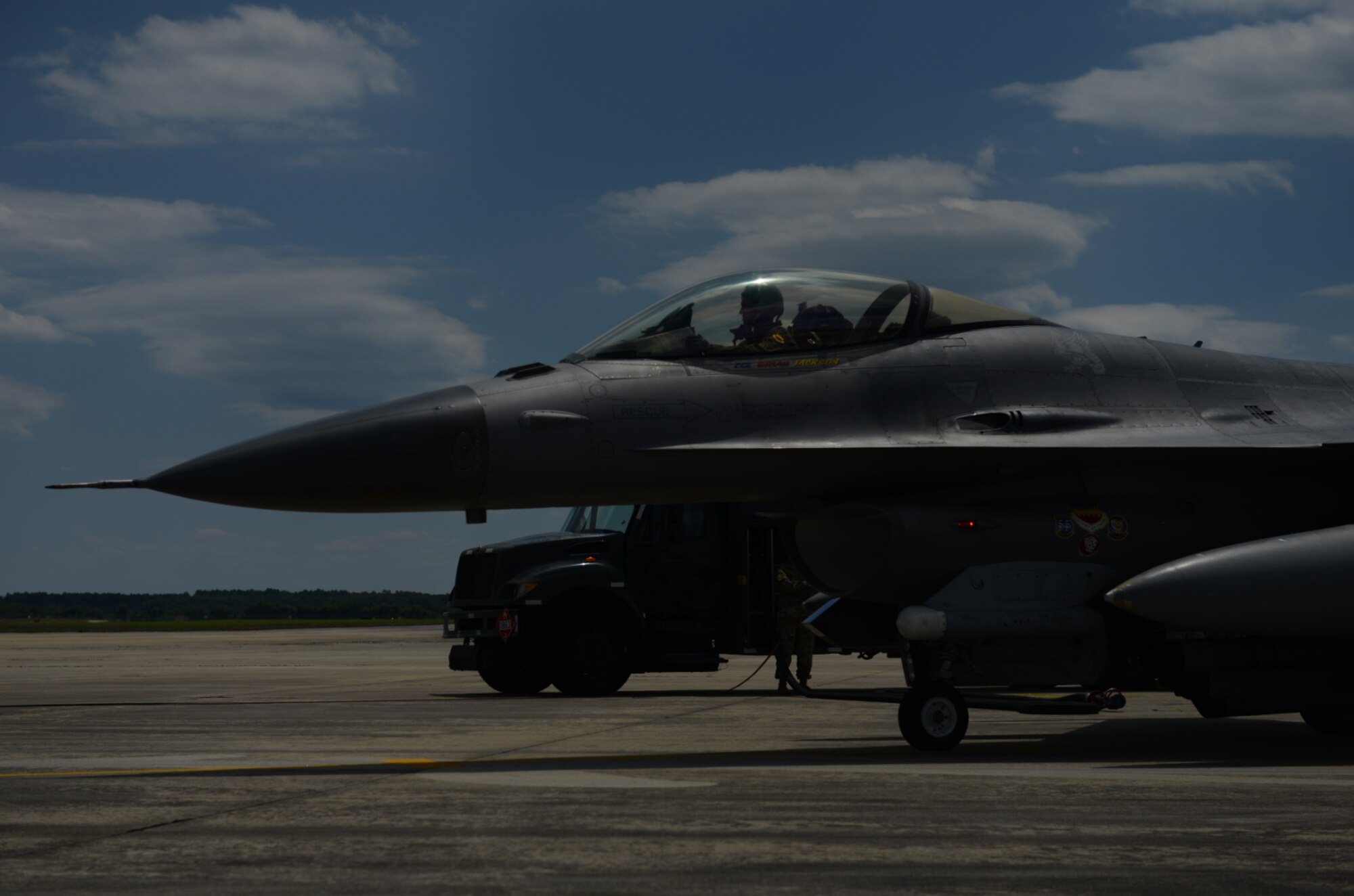 An F-16CM Viper taxies back to the 79th Fighter Squadron “Tiger” ramp; simulating an aircraft taxiing to the end of a runway from a combat mission at Shaw Air Force Base, S.C., May 15, 2019.