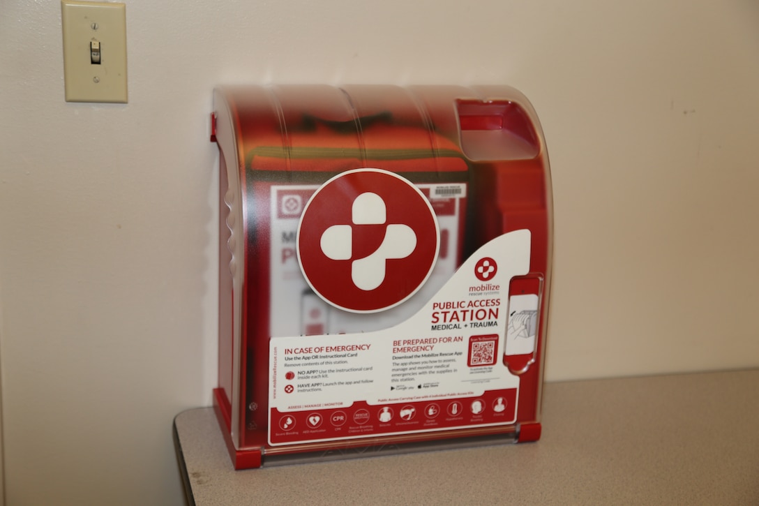 The new Public Access Stations, containing four emergency first aid and trauma kits each, will be attached to walls of buildings strategically located throughout Marine Corps Logistics Base Barstow, later this month. The kits will allow for immediate trauma care, while paramedics, fire fighters and law enforcement are en route to emergency incidents.