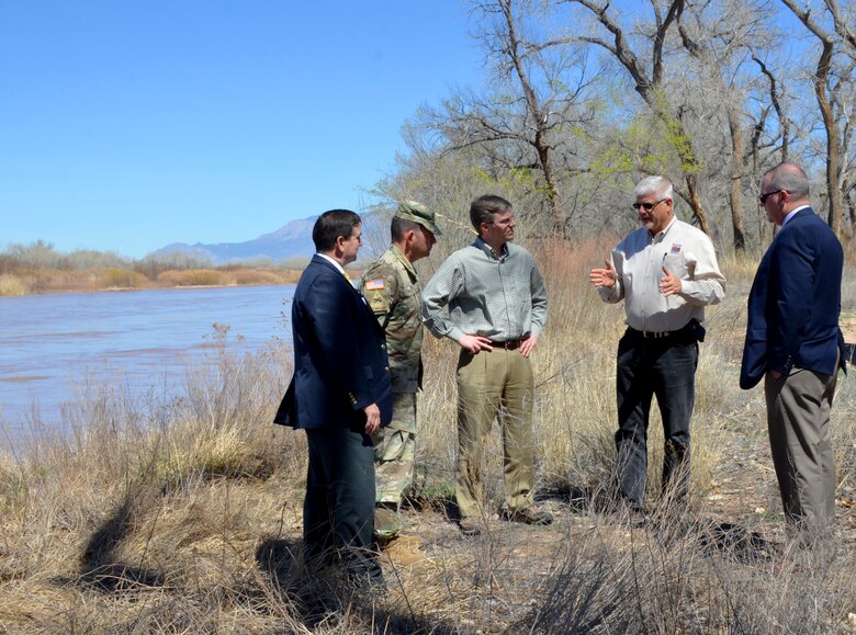 (left-right): John Drake, deputy; Lt. Col. Larry Caswell, District commander; Ryan Fisher; and (far right) Ryan Gronewold, chief of Planning; listen to Mike Hamman, chief engineer, MRGCD (2nd from right) discuss levee projects along the Rio Grande, March 28, 2019.