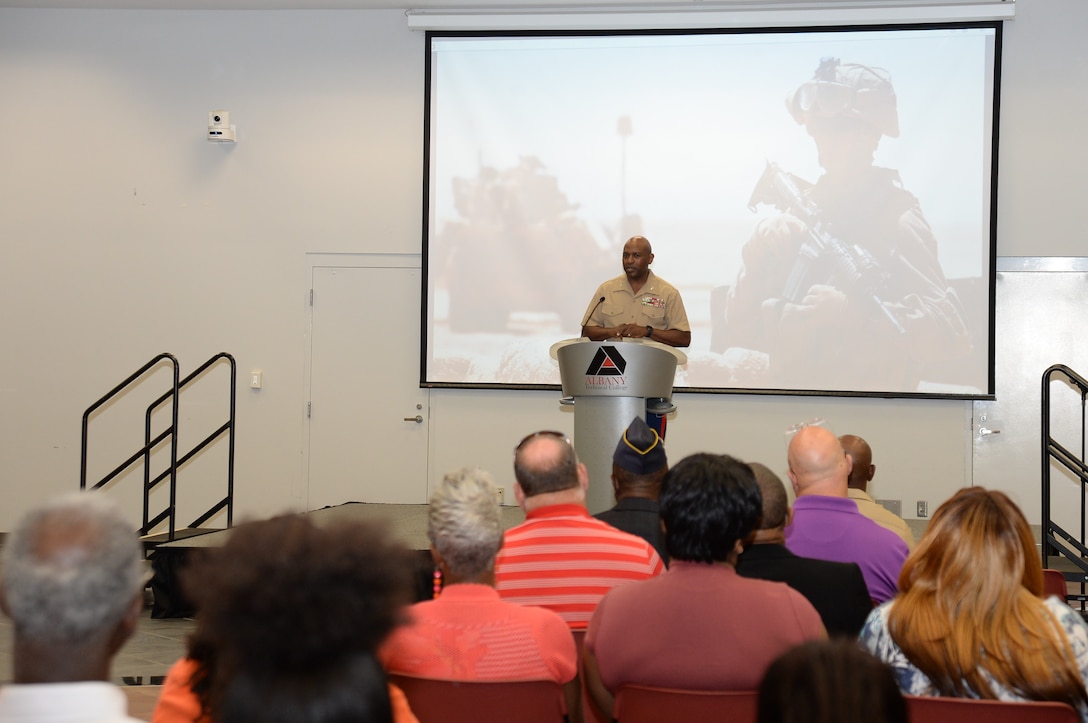 Col. Alphonso Trimble, commanding officer, Marine Corps Logistics Base Albany, served as the keynote speaker for the seventh annual Memorial Day Ceremony at Albany Technical College, May 24.  The ceremony was held in the Kirkland Conference Center and attended by faculty, staff, students and members of the local community.