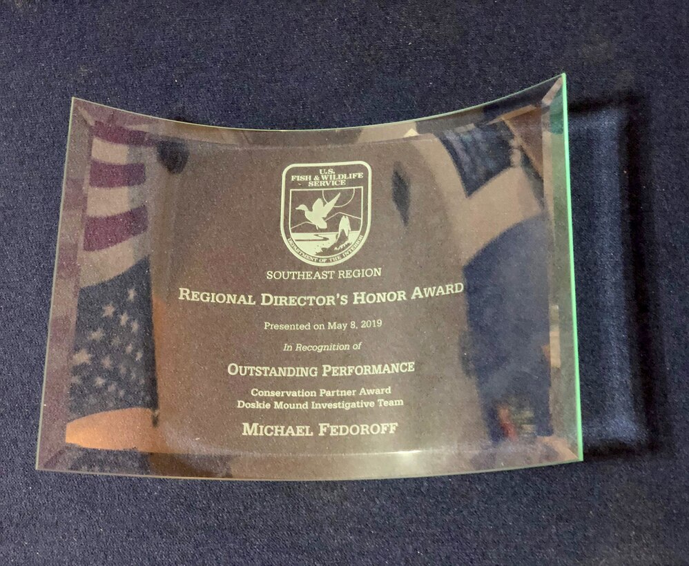 Close up of the award Michael Fedoroff, deputy director, Tribal Nations Technical Center of Excellence, was presented by the U.S. Fish and Wildlife Service, May 8, 2019, at the Southeast Regional Office, in Atlanta, Georgia.