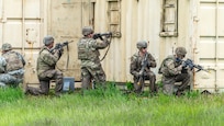 A team of Soldiers from the 1st Battalion, 178 Infantry Regiment, Illinois National Guard move through the squad movement drill as a part of the unit's pre-mobilization training at the Marseilles Training Center, Marseilles, Illinois, on May 21, 2019. The 178 Infantry is based in Chicago, Elgin, Woodstock, and Bartonville, Illinois, the unit deploys summer 2019.