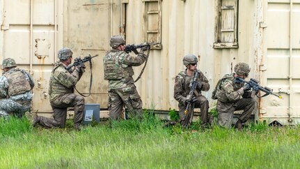 A team of Soldiers from the 1st Battalion, 178 Infantry Regiment, Illinois National Guard move through the squad movement drill as a part of the unit's pre-mobilization training at the Marseilles Training Center, Marseilles, Illinois, on May 21, 2019. The 178 Infantry is based in Chicago, Elgin, Woodstock, and Bartonville, Illinois, the unit deploys summer 2019.