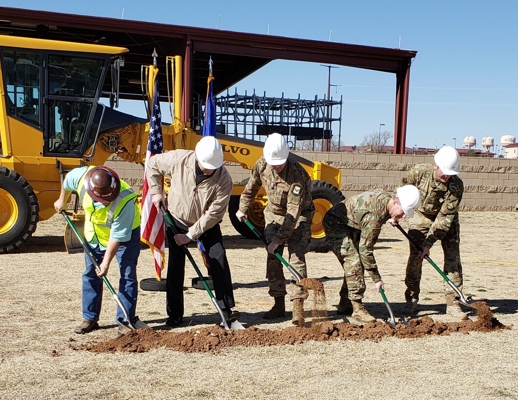 Participants of the ground-breaking ceremony for the North Fitness Center, March 12, 2019, at Cannon Air Force Base. (l-r): Robert Eblacas, contractor; David Schnabel, 27 SOCES; Lt. Col. Michael Stone, 27 SOFSS; Col. John Boudreaux, SG/CC; and Col. Nathan Owendoff, 27 SOW/CV. (Special thanks to Joanne Deleon, Can-non AFB.) Photos courtesy Cannon Air Force Base.