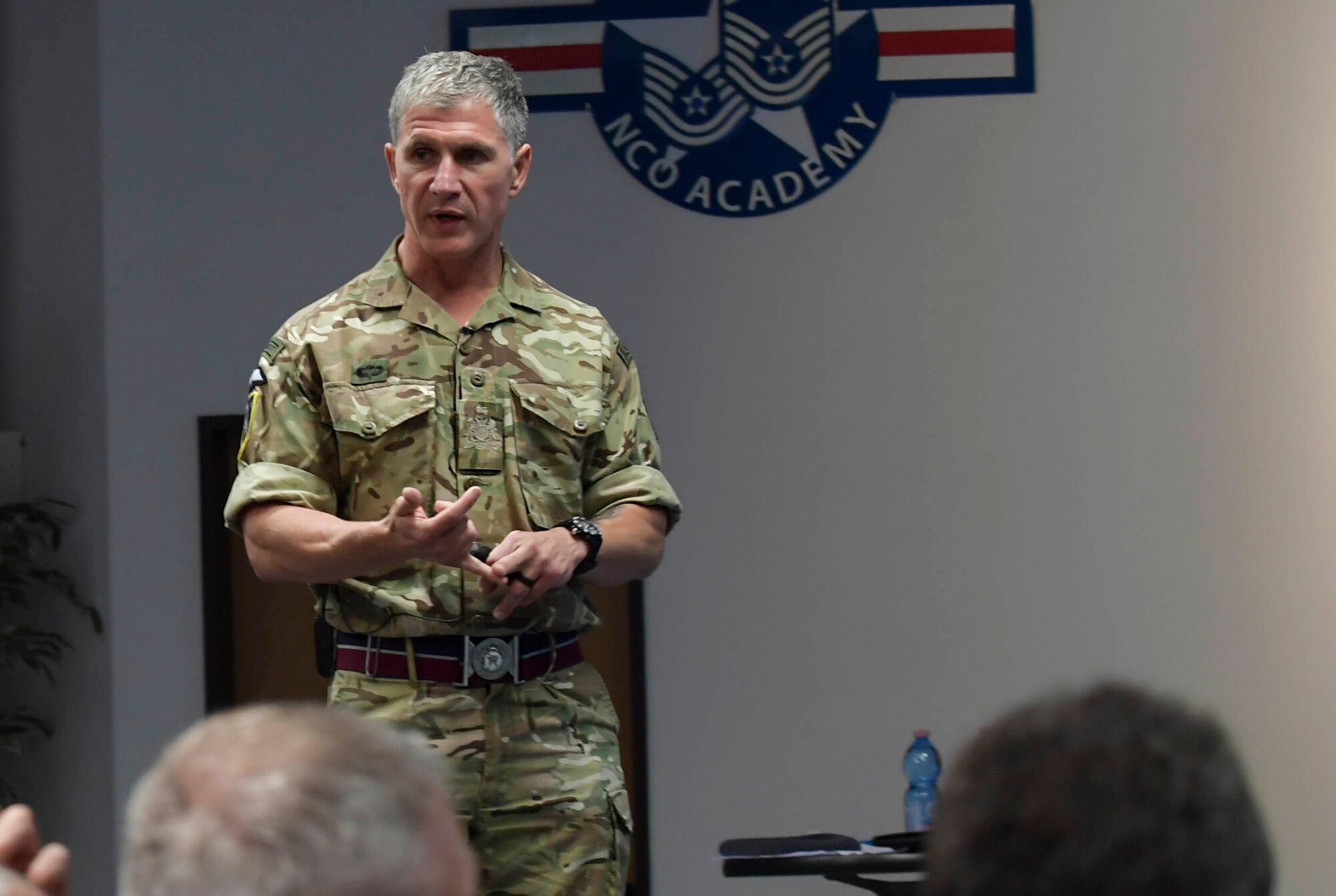 Warrant Officer Jake Alpert, command senior enlisted leader NATO Allied Air Command, gives a brief during the first European Air Forces Senior Enlisted Conference at Kisling NCO Academy, Kapaun Air Station, Germany, May 21, 2019. Participants from 19 countries, including the United States, discussed multiple topics to help enhance personal growth, increase interoperability, and build partnership capacity. (U.S. Navy photo by Mass Communication Specialist 2nd Class Deanna C. Gonzales)