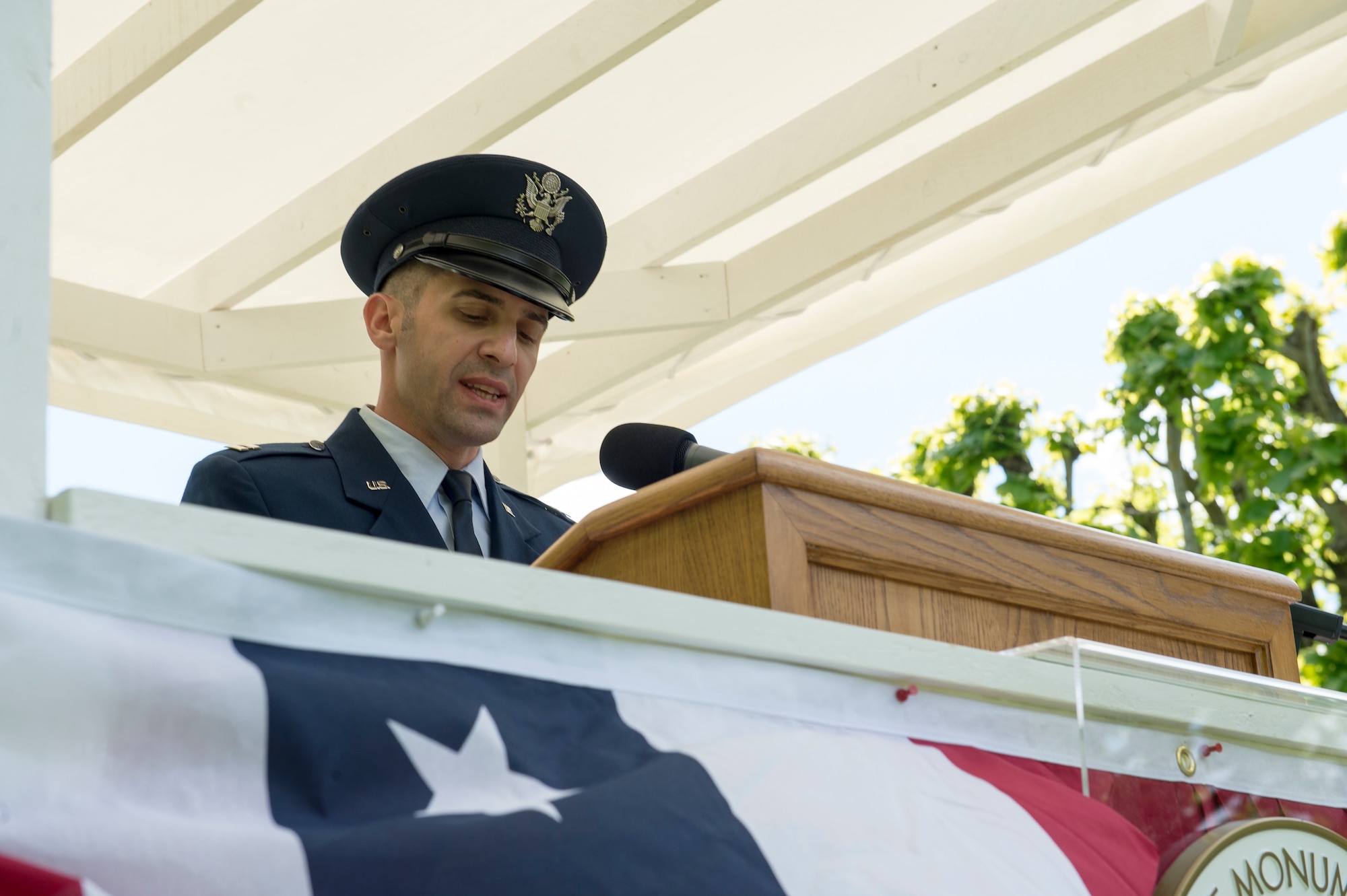 U.S. Air Force Capt. Gregory Dubow, 86th Airlift Wing chaplain, prays an invocation before a Memorial Day ceremony at the Saint-Mihiel American Cemetery, Thiaucourt-Regniéville, France, May 26, 2019. Saint-Mihiel American Cemetery is the final resting place for more than 4,000 Americans who died in combat. (U.S. Air Force photo by Staff Sgt. Jonathan Bass)