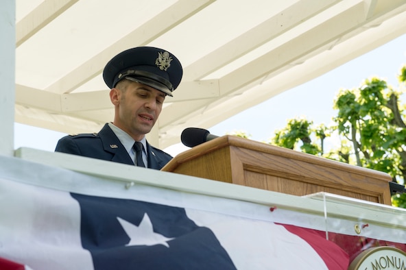 U.S. Air Force Capt. Gregory Dubow, 86th Airlift Wing chaplain, prays an invocation before a Memorial Day ceremony at the Saint-Mihiel American Cemetery, Thiaucourt-Regniéville, France, May 26, 2019. Saint-Mihiel American Cemetery is the final resting place for more than 4,000 Americans who died in combat. (U.S. Air Force photo by Staff Sgt. Jonathan Bass)