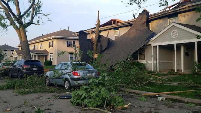 Approximately 150 homes in the Prairies at Wright Field housing area were damaged, some significantly, during the storm that passed through the Dayton area late on May 27.  (U.S. Air Force photo/Wes Farnsworth)