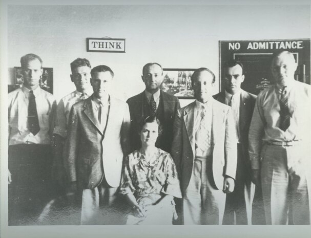 The U.S. Army Signal Intelligence Service posed in front of their vault, 1935.