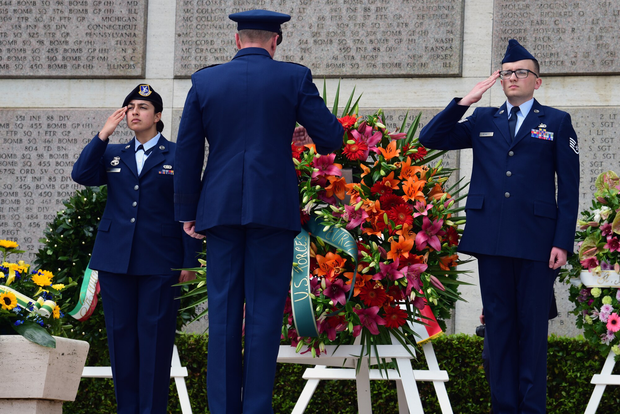 A wreath laying ceremony is held at the Florence American Cemetery Memorial Day event in Florence, Italy on May 27, 2019. Wreaths are presented to show the high esteem the men and women who have fallen are held in. (U.S. Air Force photo by Airman 1st Class Caleb House)