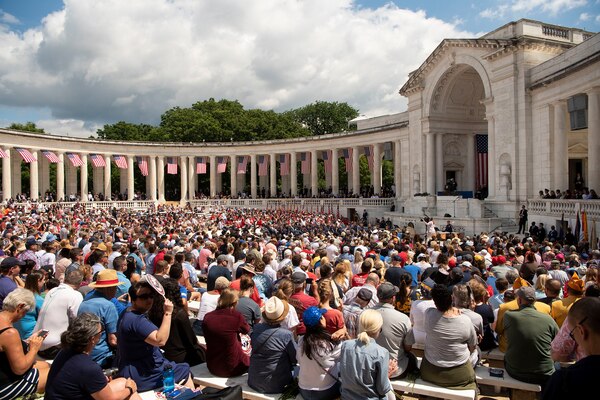 Chairman of the Joint Chiefs of Staff Marine Corps Gen. Joe Dunford delivers remarks during a Memorial Day observance ceremony at Arlington National Cemetery, Va., May 27, 2019.