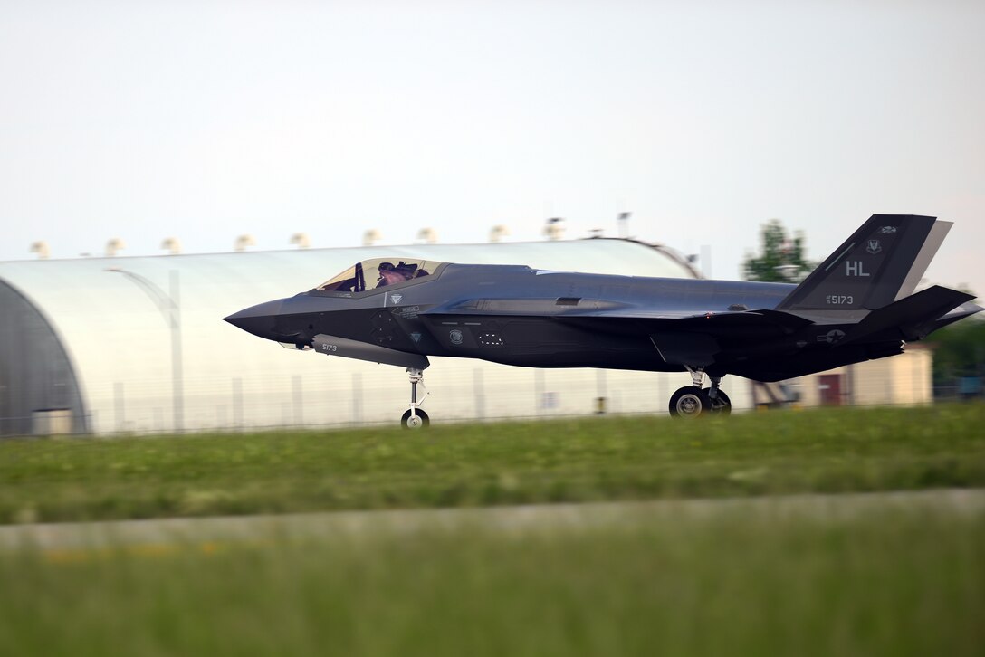 An F-35A Lightning II lands during a Theater Security Package at Aviano Air Base, Italy, May 23, 2019. The 388th Fighter Wing and Reserve 419th Fighter Wing, are in Europe participating in a Theater Security Package conducting exercises and training with other Europe-based aircraft. (U.S. Air Force photo by Airman 1st Class Caleb House)
