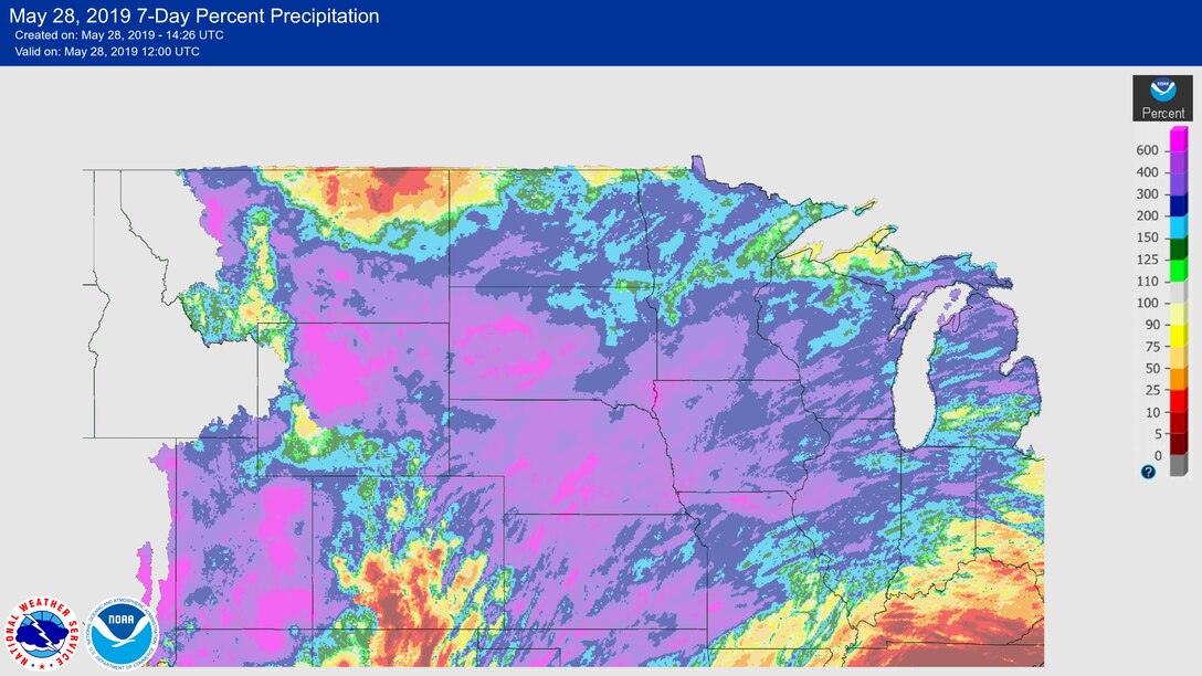 From May 20 to May 27, rainfall over much of Nebraska, South Dakota and central North Dakota has been 200 to 600% of normal for this time of year. The continued rain has led to higher inflows at Oahe, Big Bend, Fort Randall, and Gavins Point Dams.